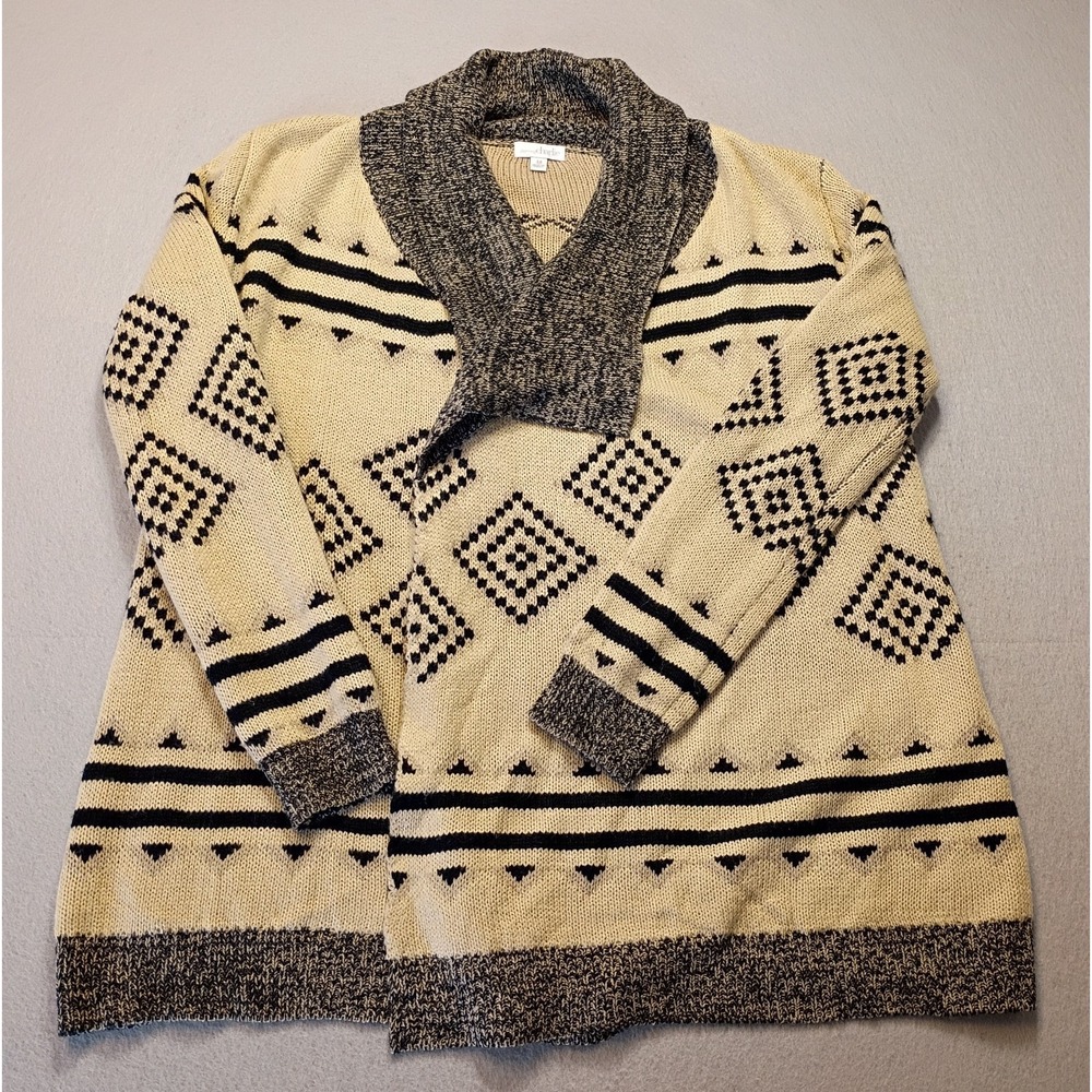 Charming Charlie Southwestern Shawl Collar Sweater Cardigan Beige Black Sz‎ Med